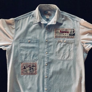 Men&#39;s Chambray Shirt w/ French Aviation Patches - Vintage 1980s Aeropostale