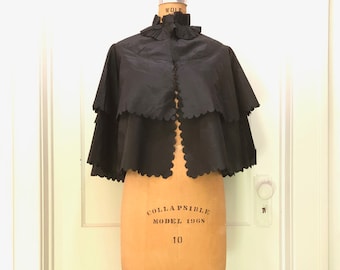 Victorian Black Silk Cape with Scallop Edges and a Pleated Neckline