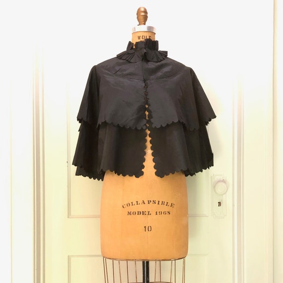 Victorian Black Silk Cape with Scallop Edges and … - image 1