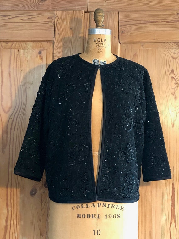 Fab 1950s Beaded Sweater, Black Lace Overlay