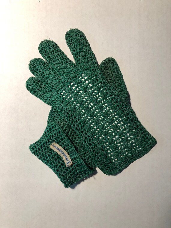 French Crocheted Gloves - VTG 1950s Ladies Green … - image 2