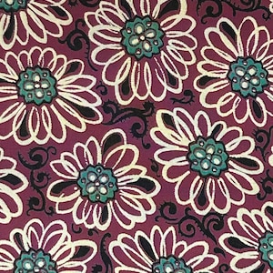 1940er Jahre Rayon-Stoff, lustiger Blumen- und Schriftrollen-Druck