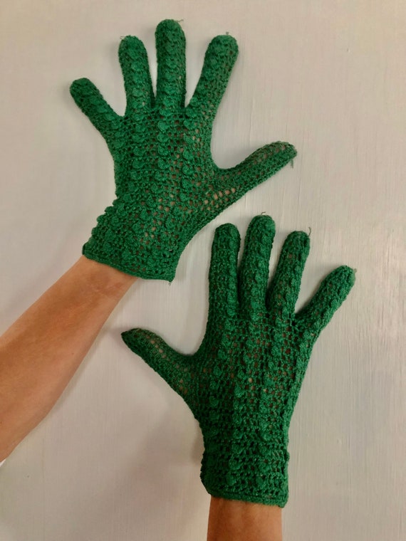 French Crocheted Gloves - VTG 1950s Ladies Green … - image 4