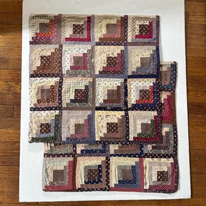 Two Amazing 1970s Handmade Log Cabin Patchwork Pillowcases