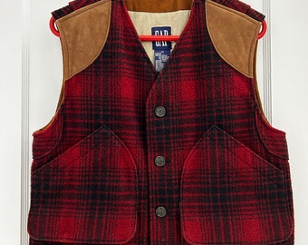 80s Plaid Vest, Suede Trim, Perfect for a Fashionista or a Sporty Weekend - GAP