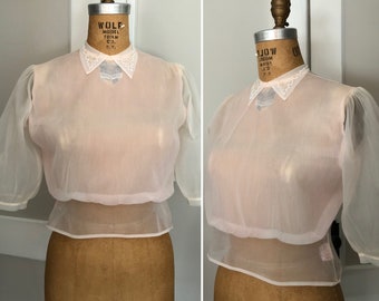 Cute Girl's VTG Pink Nylon Pleated Front Bodice 1950s Blouse with Beaded Collar
