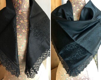 Victorian Black Shawl - Floral Border on Black Silk Satin Jacquard Shawl with Lace Edging