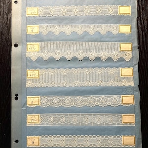 17 échantillons de vendeurs de dentelles et de bordures brodées sur papier bleu #17