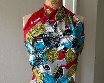 1940s Tropical Floral Large Silk Scarf, VINTAGE Scarf
