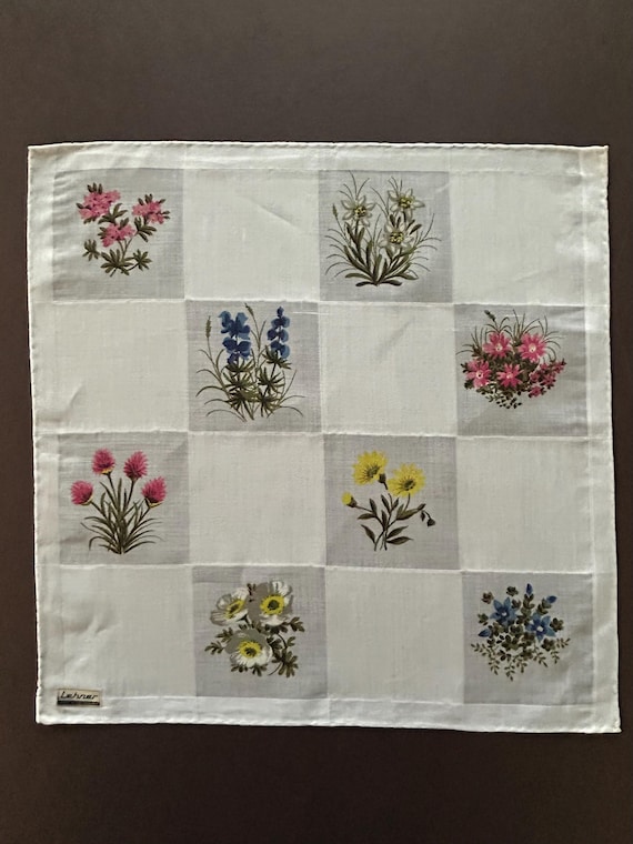 1950s Floral Checkerboard Swiss Cotton Handkerchief by Lehner
