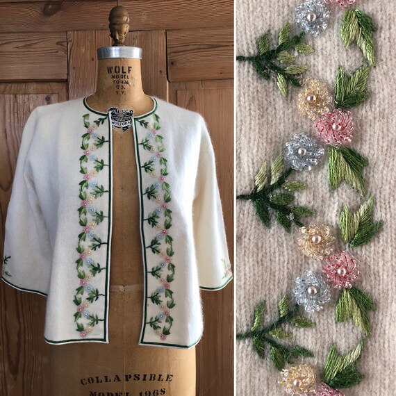 Vintage 1950s Hand Beaded and Embroidered Cream An