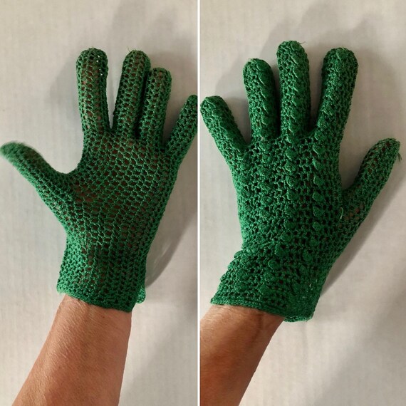 French Crocheted Gloves - VTG 1950s Ladies Green … - image 1