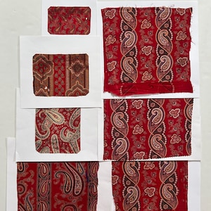 Könnte beinhalten: Eine Sammlung roter Paisley-Stoffmuster, einige in Weiß gerahmt. Der Stoff weist komplizierte Muster in Rot-, Braun- und Cremetönen auf. Die Muster variieren in Größe und Muster und zeigen die Vielseitigkeit des Designs.