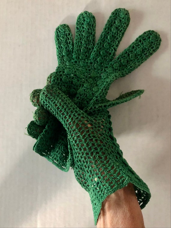 French Crocheted Gloves - VTG 1950s Ladies Green … - image 3