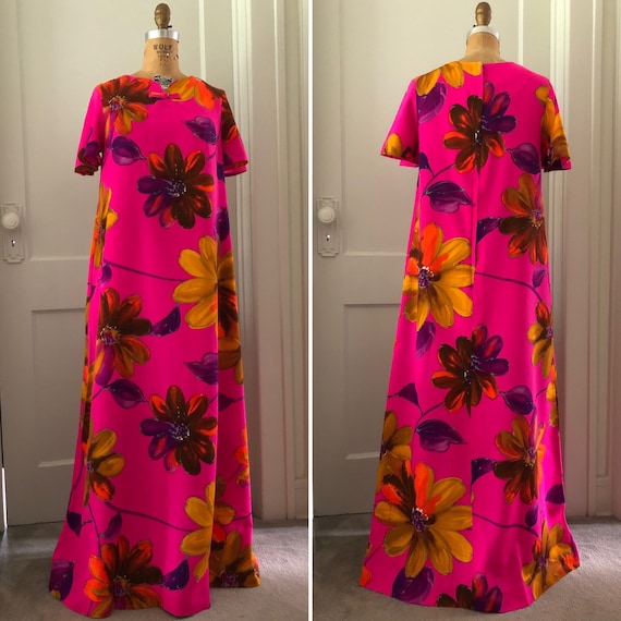1960s Watercolor Floral Long Dress with Short Bell