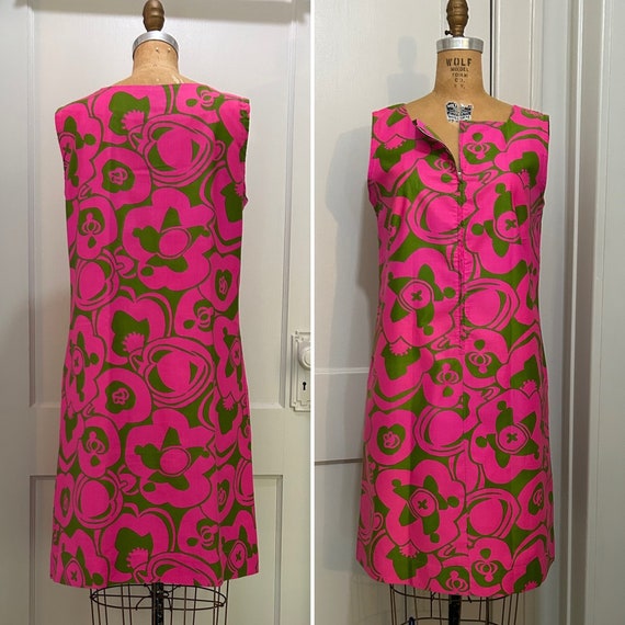 1960s Hot Pink/Green Floral Dress