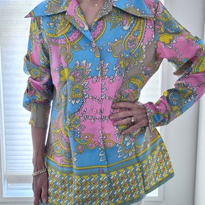 Psychedelic Paisley Blouse-VTG 1960s Pink, Blue, Yellow