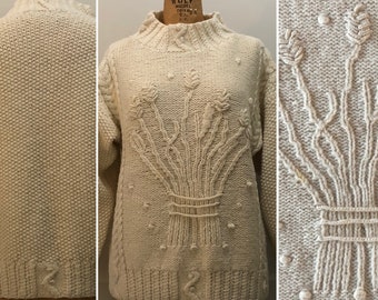 1980s Adrienne Vittadini 3-Dimensional Knit and Cables Cream Wool Sweater