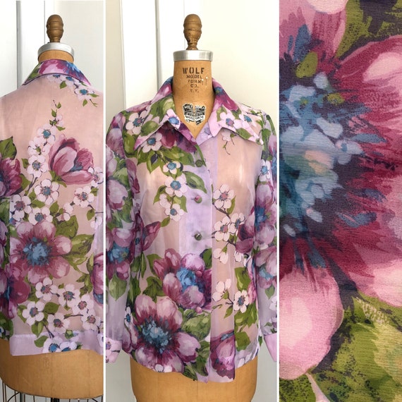Vintage 1970s Painterly Floral Print Sheer Shirt