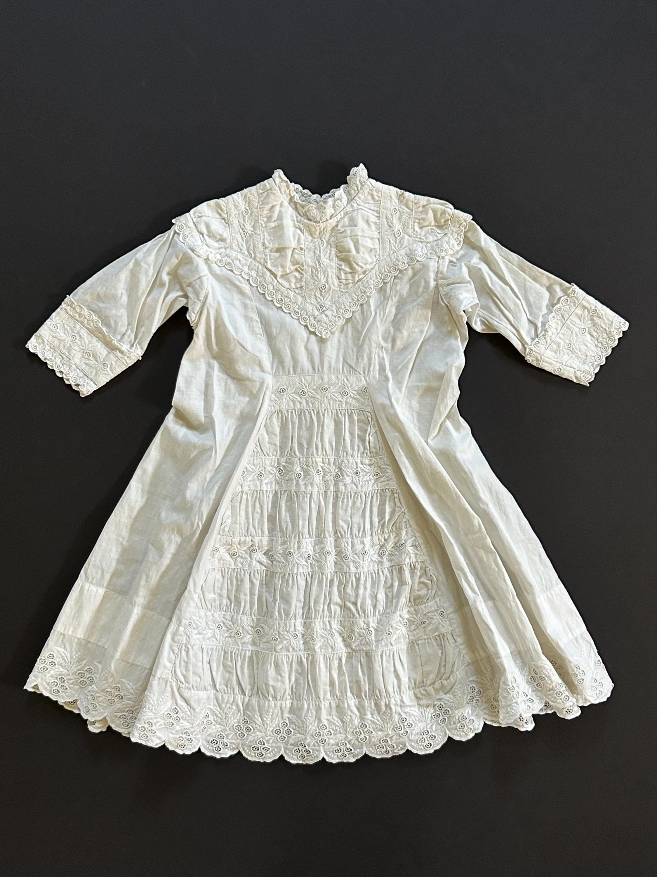Antique French Child's Dress: Hand Embroidered Lace, 1800s Cotton