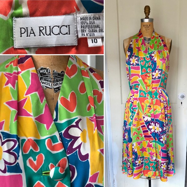 Fröhliches Seiden Neckholder Kleid - Herzen, Sterne & Blumen - VTG 1980s PIA RUCCI