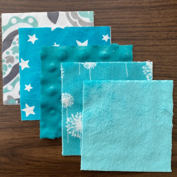 90 Pre-cut 5” “Blues & Teals” mixed minky Fabric Squares Charm Pack Kit