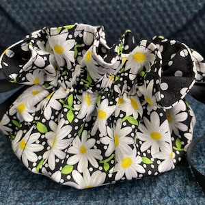Drawstring Black and White Daisy polka dot design travel jewelry pouch