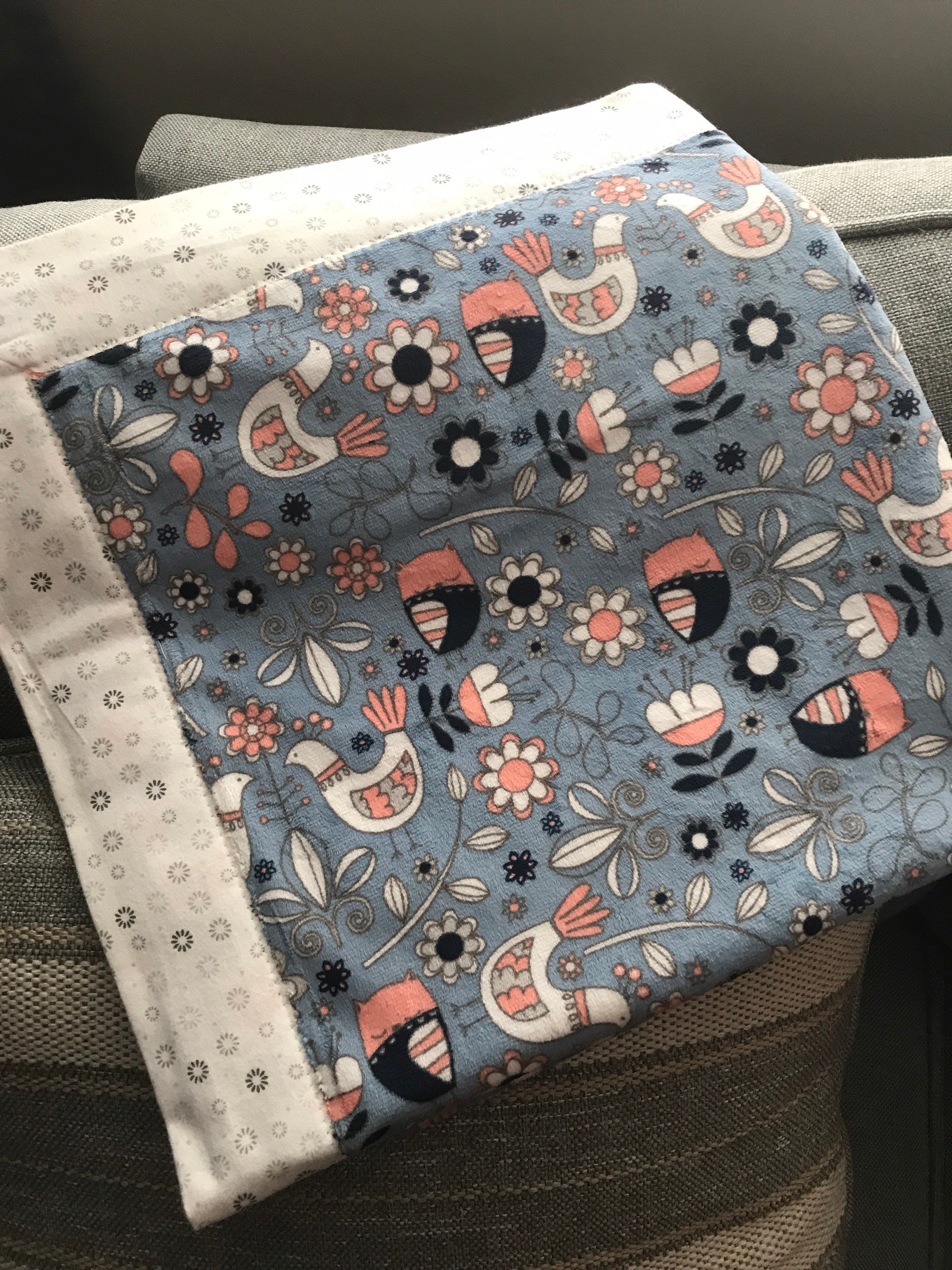 Blue and Coral Floral Owl Minky White Daisy Flannel Receiving Baby Blanket