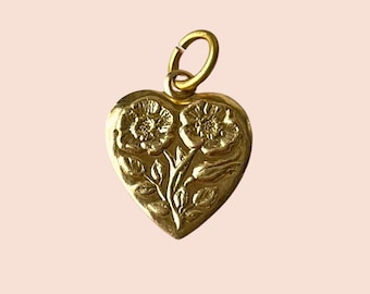Heart with Flowers Vintage Brass Charm for Necklace or Bracelet Valentine's Day Gift Jewelry