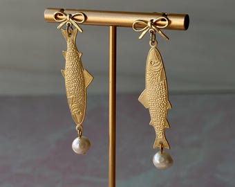 Sardine Earrings Gold Brass, Bow Studs with Freshwater Pearl, Nautical Coastal Jewelry