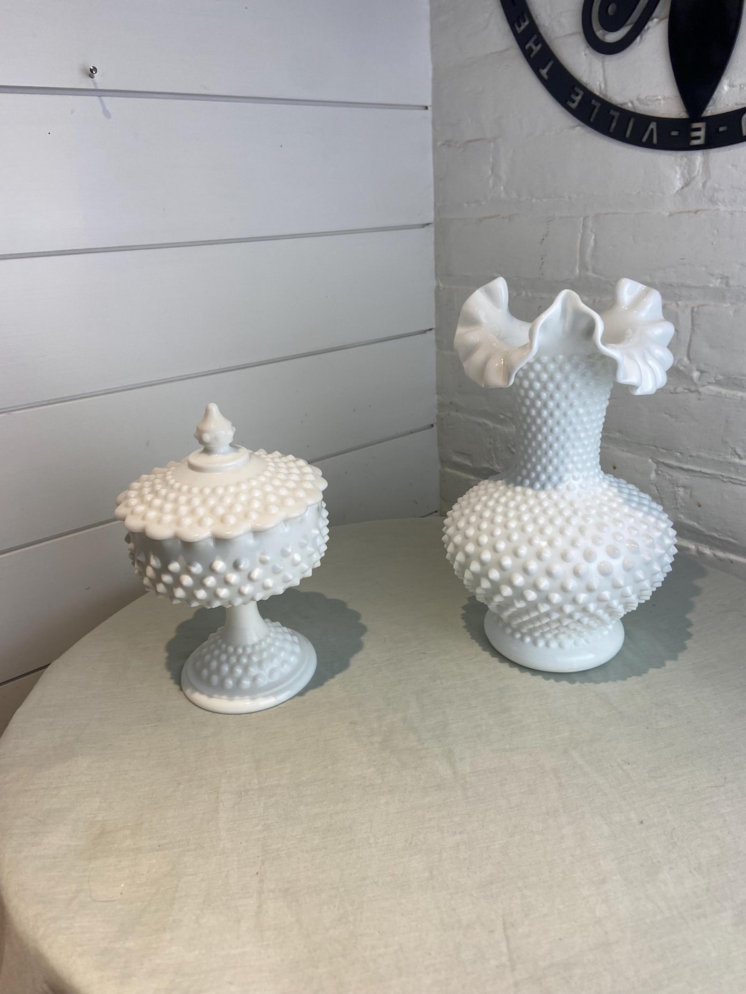 2 Vintage Fenton Large Hobnail Milk Glass Candy Dish and Ruffled Edge ...