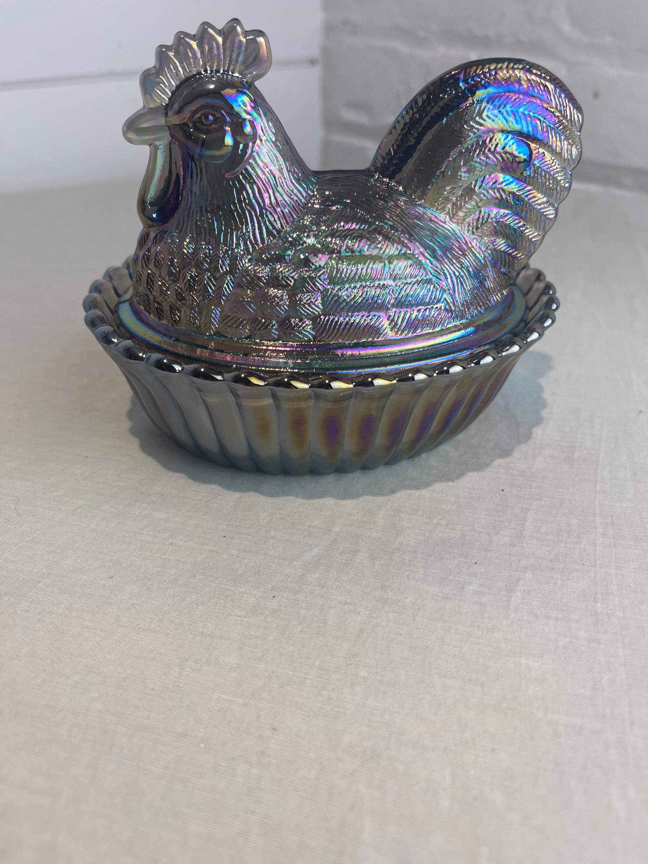 Mosser Titanium Carnival Glass Rooster on a Nest Ribbed Candy Dish