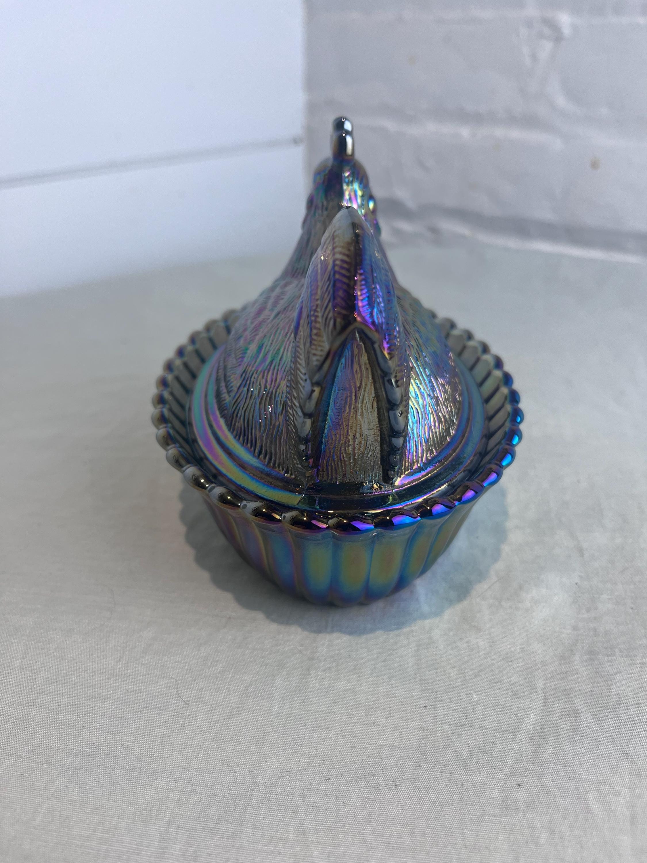 Mosser Titanium Carnival Glass Rooster on a Nest Ribbed Candy Dish