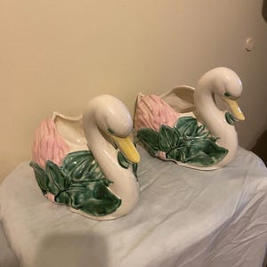 2 Vintage Large Ceramic Swan Planters