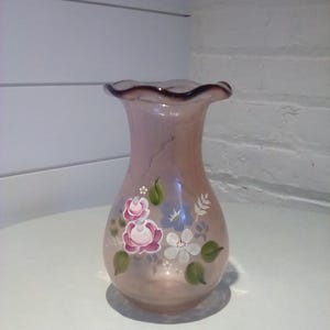 Vintage Fenton Hand Painted  Hand Blown Amethyst Glass Ruffle Vase