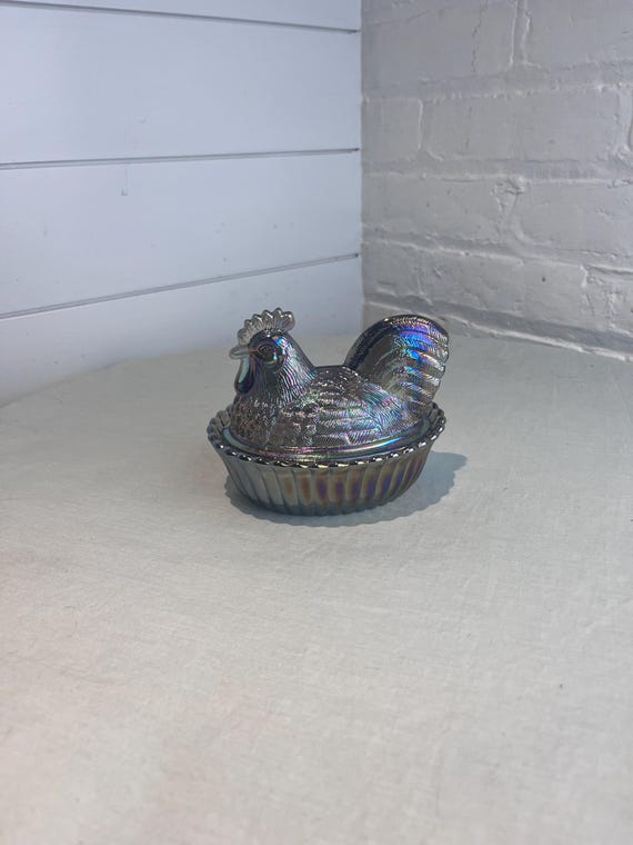 Mosser Titanium Carnival Glass Rooster on a Nest Ribbed Candy Dish