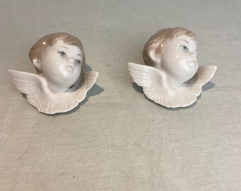 2 vintage LLadro  hanging Seraph Angel cherub’s  heads porcelain figurines