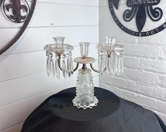 Vintage Georgian Regency three light candelabra with hanging crystal prisms