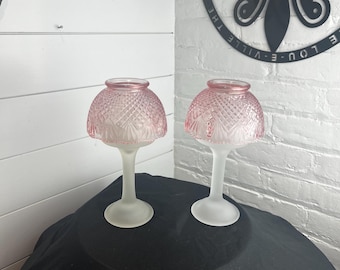 2 Vintage LE Smith Pink Iridescent Pineapple Fairy Lamps on Tall Frosted Pedestal Party Lite Bases