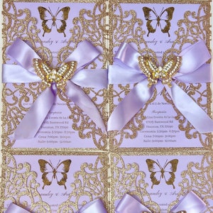 Lavender and Gold Butterly Laser Cut Invitation /Gold  foil invitation/ Invitaciones de 15 años Lavander con Mariposa/ Butterly Theme Invite