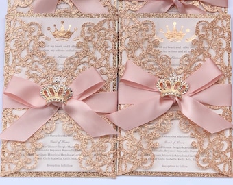 Rose Gold Princess Laser Cut Invitation with a Crown Button /Rose Gold foil invitation/ Invitaciones de 15 años Rose Gold con Corona
