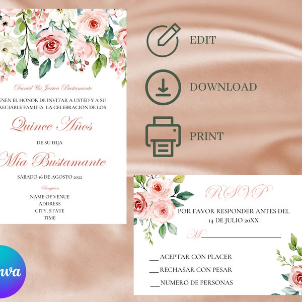 Water Color Rose and Blush Floral Template Quinceanera Invitation/ Quinceanera Floral Template Invitation/ RSVP Rose and Blush Template