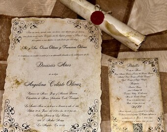 May include: Aged paper invitations with ornate black borders and text, including a scroll sealed with red wax. The main invitation announces a quinceañera, with details on a smaller card. The theme is vintage and celebratory.