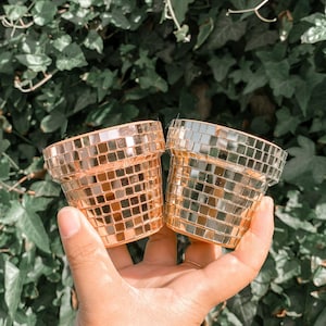 May include: Two gold mirrored planters with a mosaic tile design. The planters are held in a hand against a green leafy background.