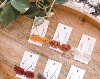 Boho Triangle Hoop Macrame Earrings | Bohemian Earrings | Bridesmaids Gift Ideas for Her | Fringe Earrings | Warm Tone Earrings