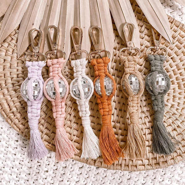 Macrame Disco Keychains | Boho Keychains | Disco Ball Accessories | Macrame Disco Purse Clip | Macrame Backpack Charm