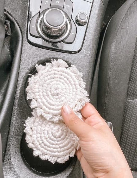 Plum: Mini Boho Macrame Car Cup Coasters | Set of 2 | Cupholder Coasters | Car Accessories | Cup Holder Insert | Cute Car Coasters | Boho Gifts