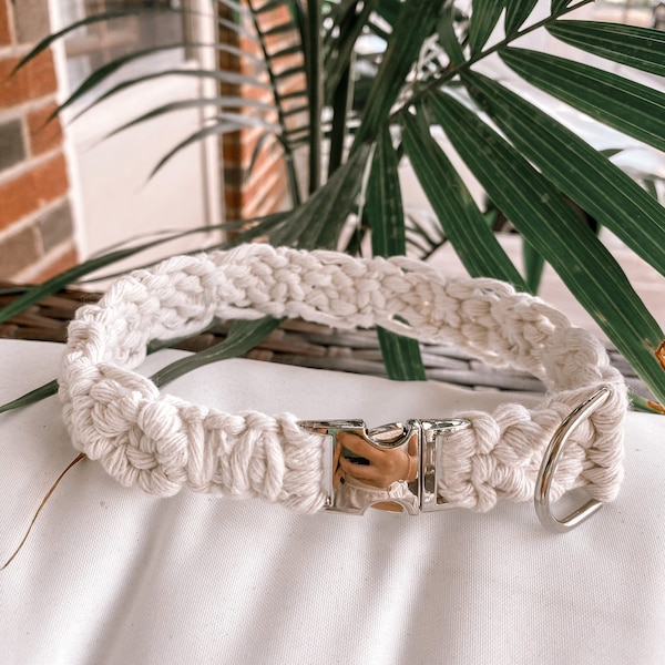 White Boho Macrame Dog Collar | Fashion Dog Collar | Boho Chic | Dog Gifts | Pet Supplies | Boho Pet Collar Gifts | Customizable dog collar