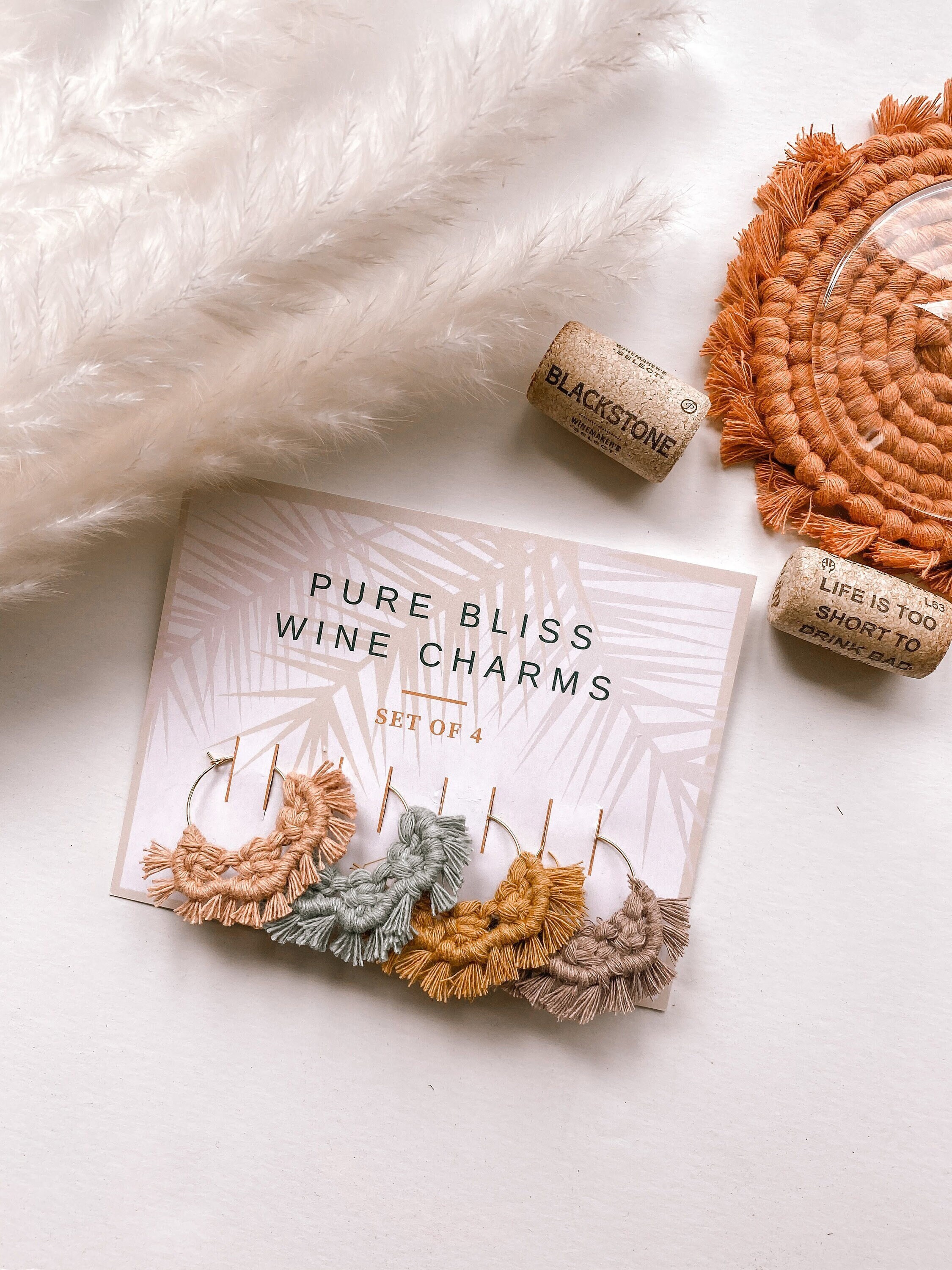 Macrame Wine Charms Set of 4 Boho Wine Charm Stem Glass Etsy