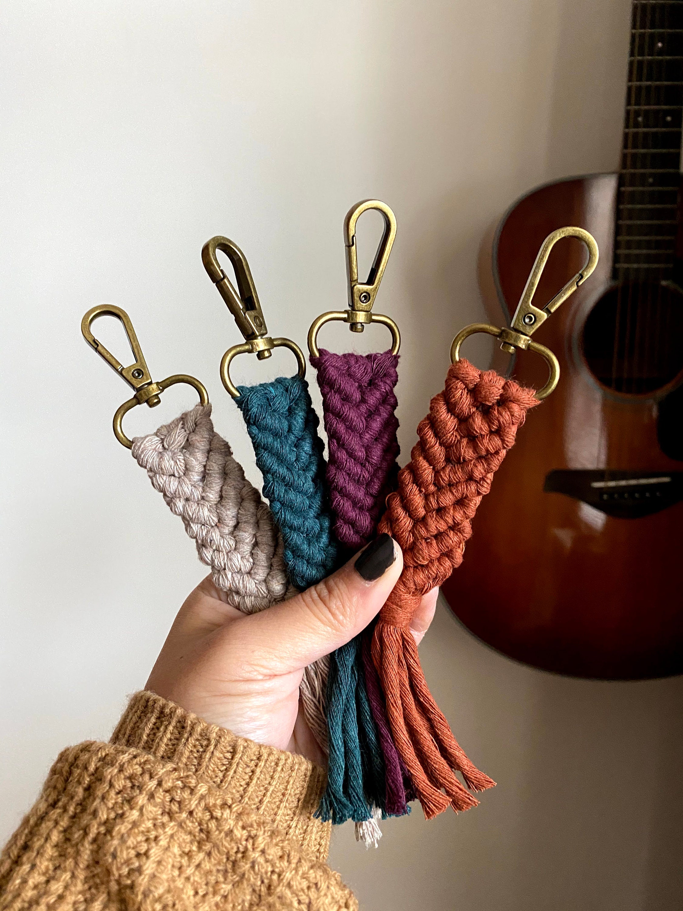Boho Handmade Woven MACRAME KEYCHAIN with Leaf Charm //Designer Bag  Accessories //Key Ring Chain/Tiny Keyring-10 Colorways JL39D